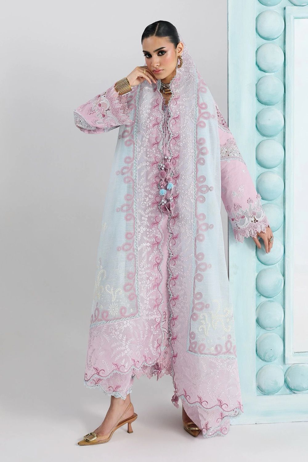 Powder blue and pink embroidered organza outfit